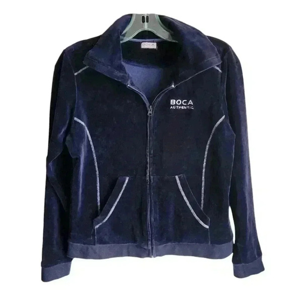 Vintage Y2K Boca Velour Zip-Up Sweatshirt L Navy - Picture 4 of 12